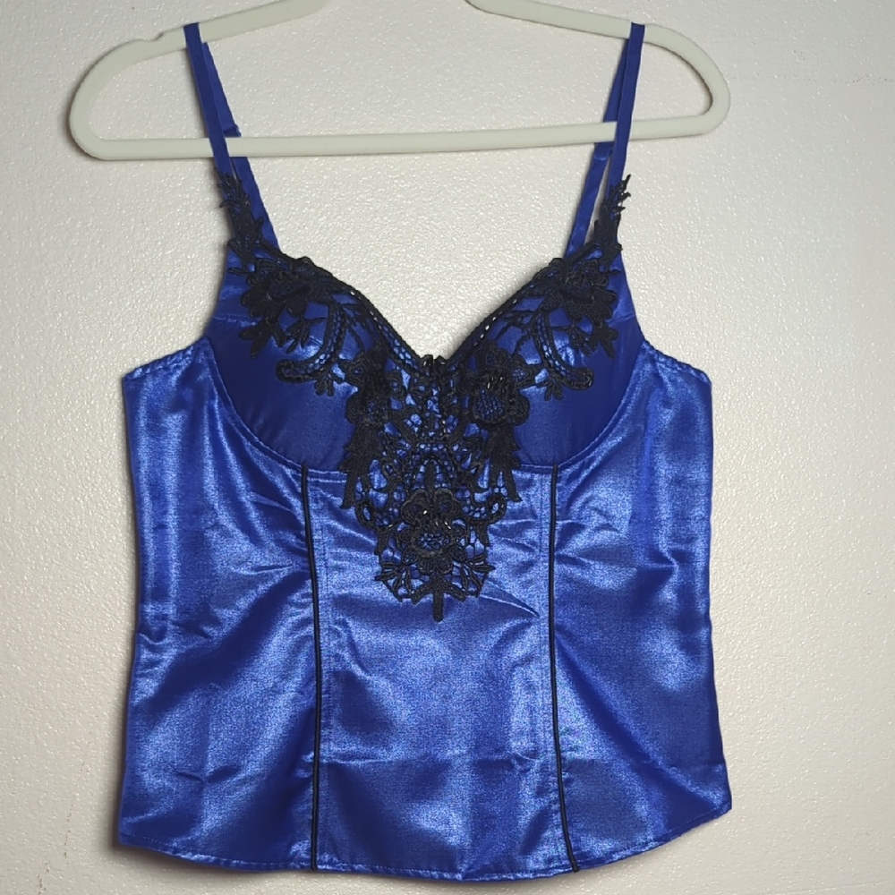 Elegant Blue/Purple Satin Lace Trim Top Size L